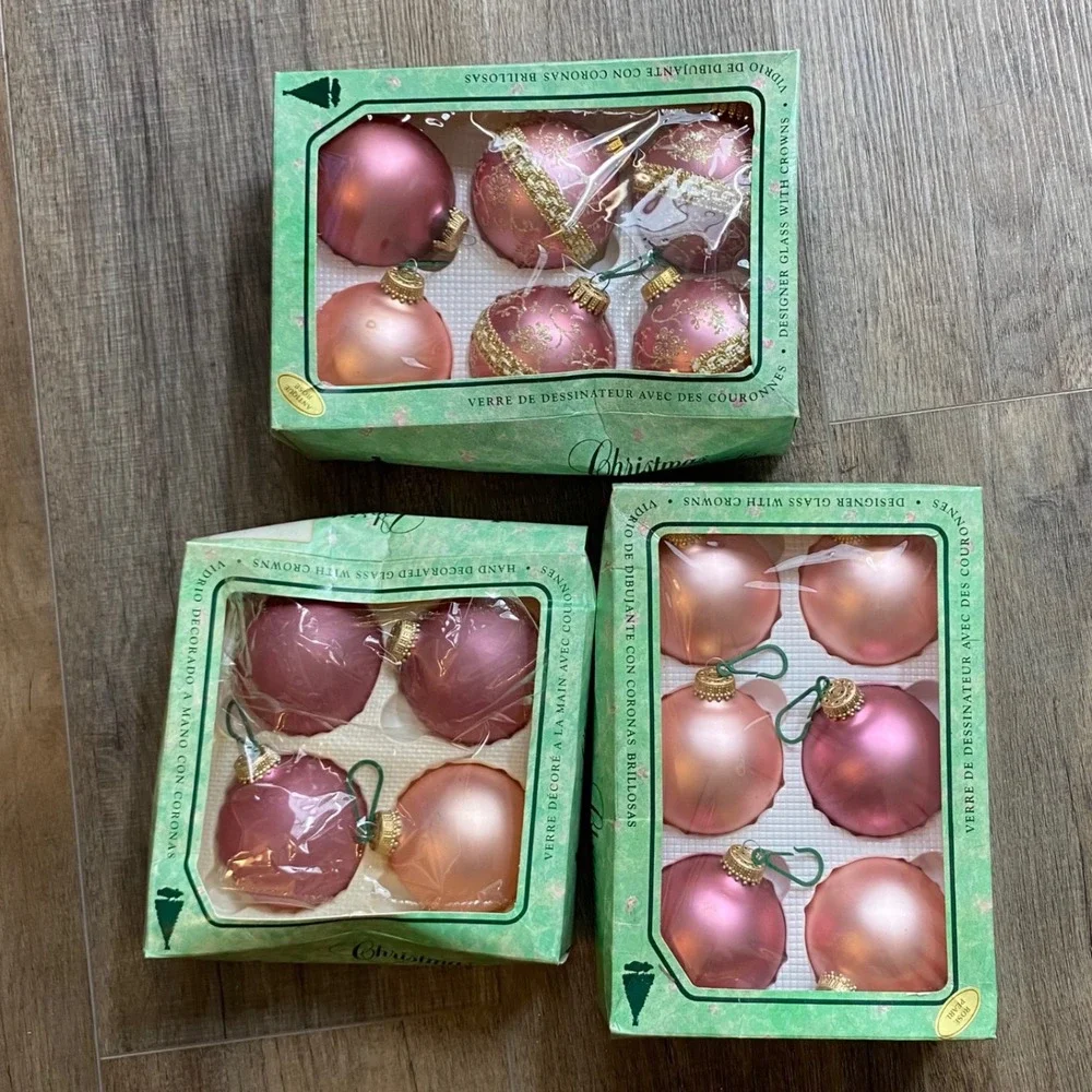 Vintage Christmas by Krebs Pink Rose Pearl Glass Ornaments Set of 16 USA Made